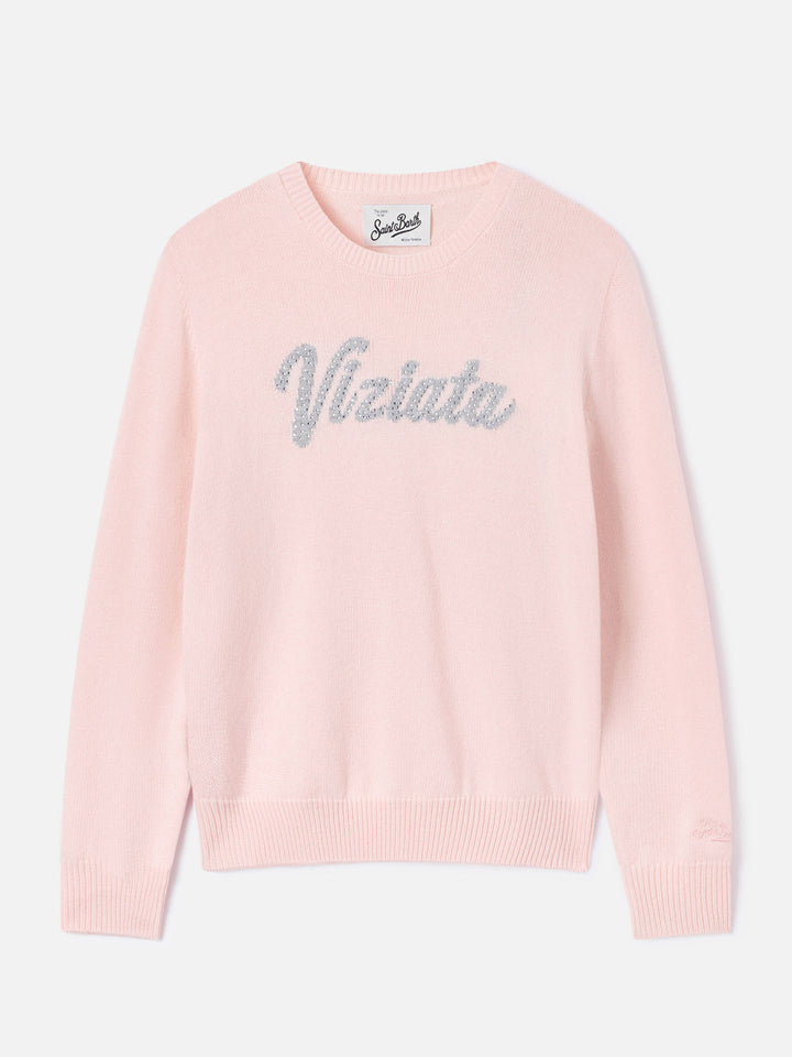 Maglia girocollo New Queen rosa con ricamo Viziata in strass