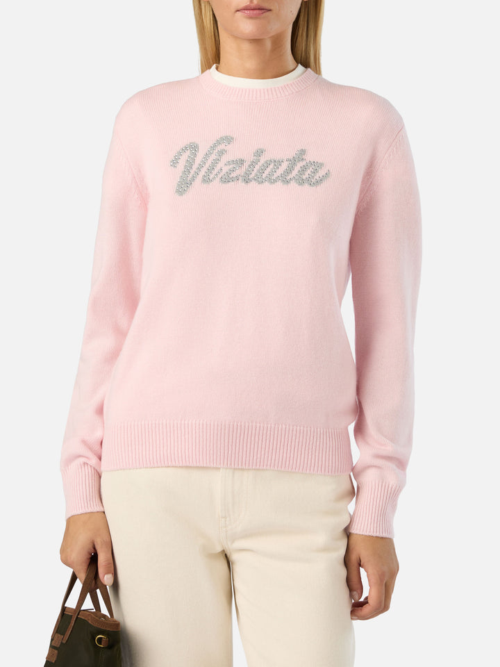 Maglia girocollo New Queen rosa con ricamo Viziata in strass