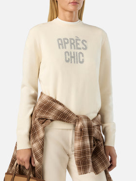 Pull en maille col rond New Queen blanc cassé avec broderie en strass Après Chic 