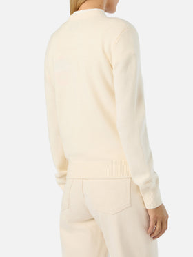 Pull en maille col rond New Queen blanc cassé avec broderie en strass Après Chic 