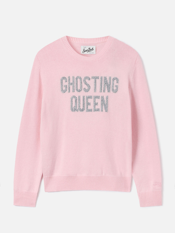 Rosafarbener New Queen Rundhals-Strickpullover mit Ghosting Queen Strassstickerei 