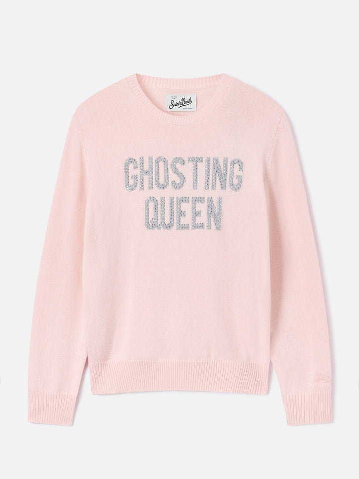 Maglia girocollo New Queen rosa con ricamo Ghosting Queen in strass