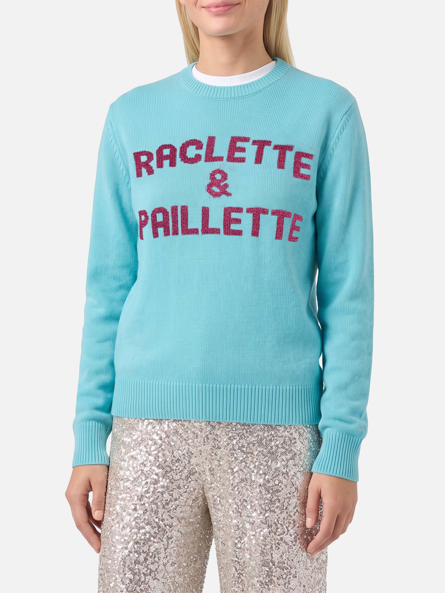 Wassergrüner Pullover New Queen mit Raclette & Paillettes Pailletten-Schriftzug 