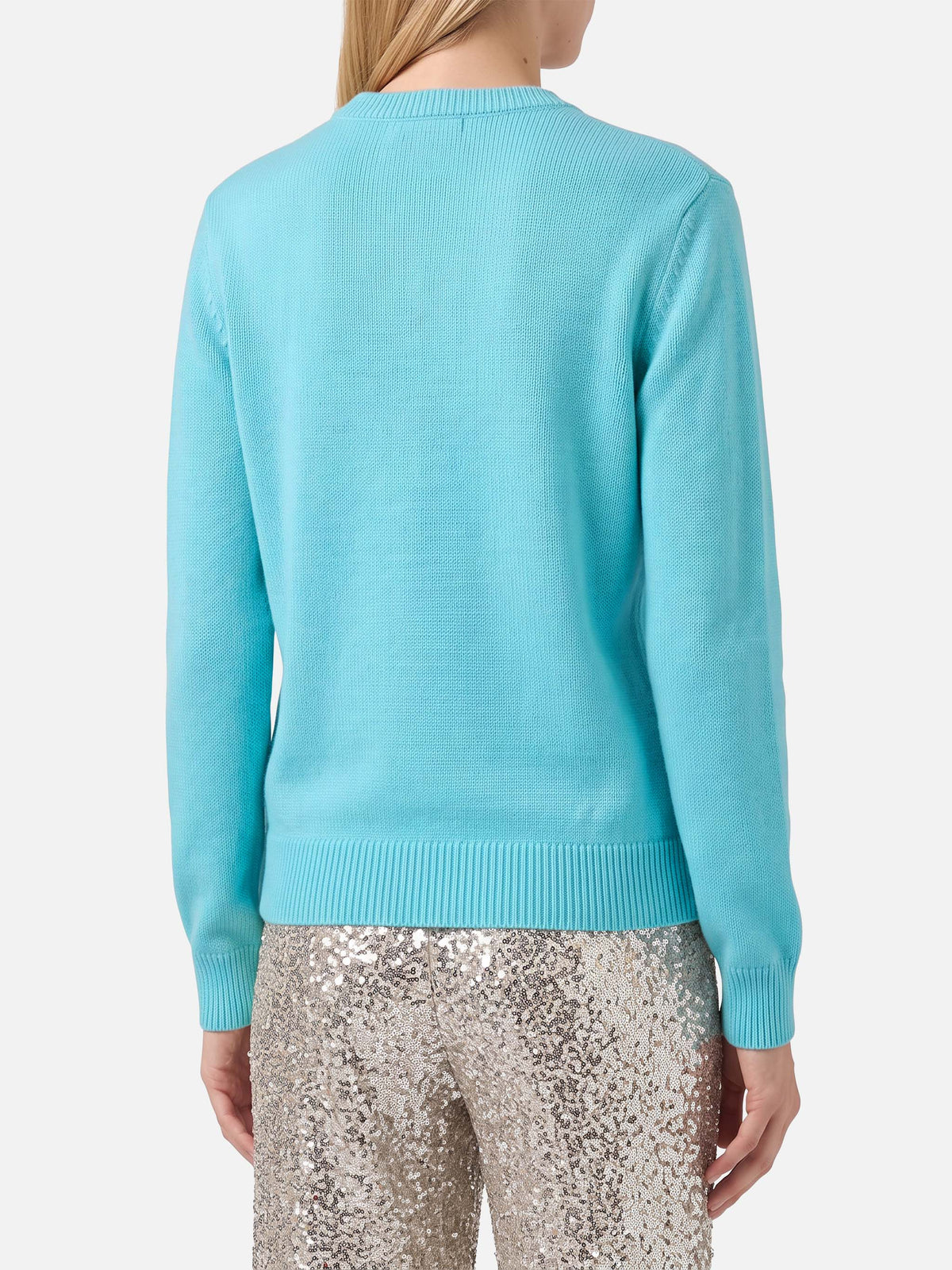 Wassergrüner Pullover New Queen mit Raclette & Paillettes Pailletten-Schriftzug 