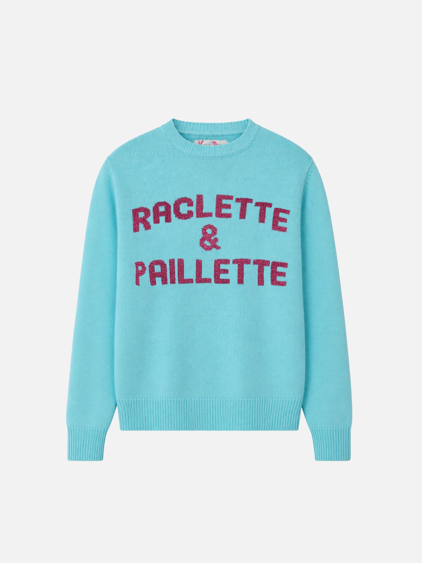 Wassergrüner Pullover New Queen mit Raclette & Paillettes Pailletten-Schriftzug 