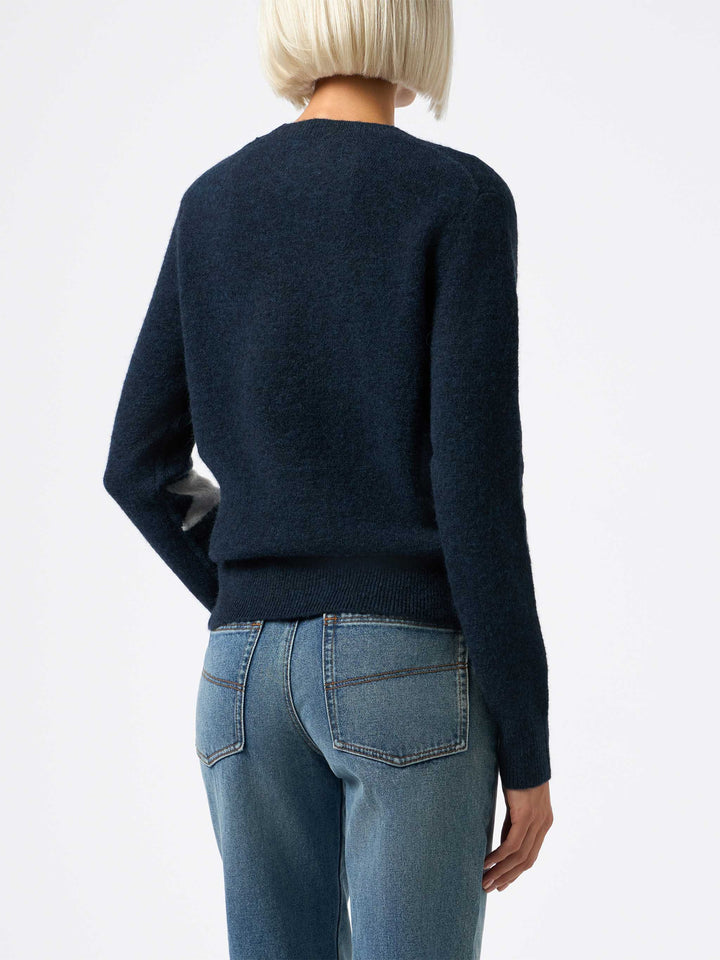 Blauer Damenpullover New Queen mit La notte vola-Stickerei und Sternen-Jacquard