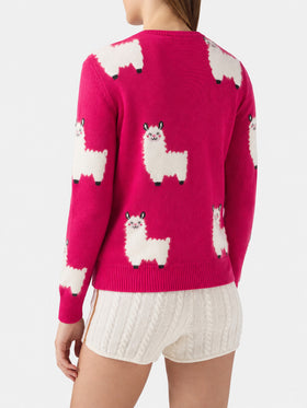 Maglia New Queen in tessuto effetto alpaca fucsia con ricamo L Amour