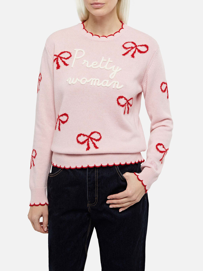 Woman pink sweater New Queen with Pretty Woman embroidery and ribbons print