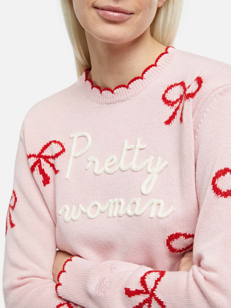 Woman pink sweater New Queen with Pretty Woman embroidery and ribbons print