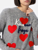 Maglione grigio da donna New Queen ricamo Kissene frega