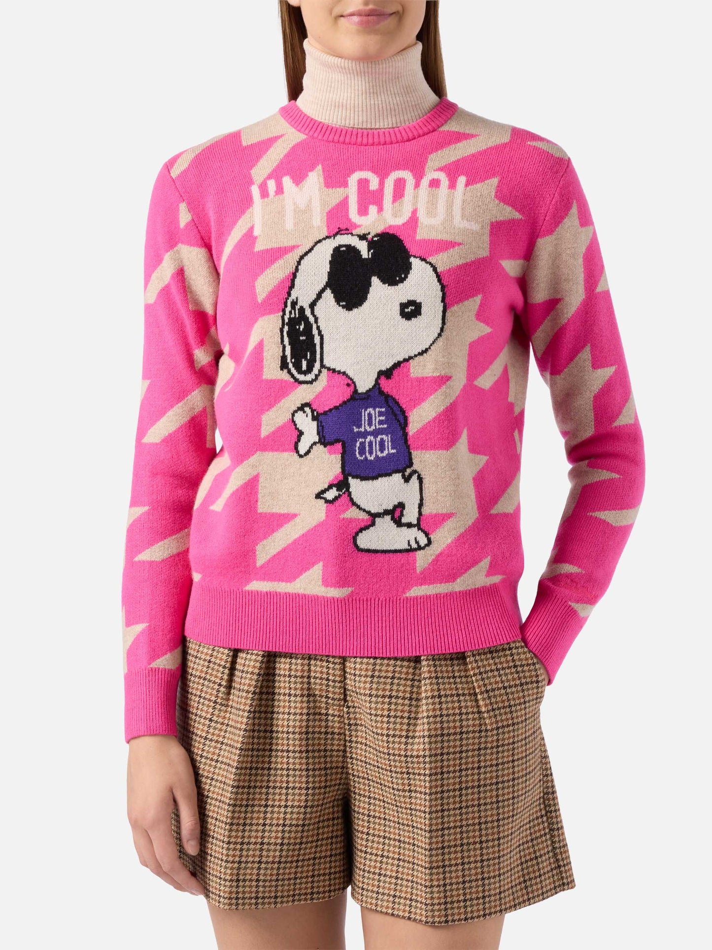 Maglione da donna pied de poule New Queen con jacquard Snoopy