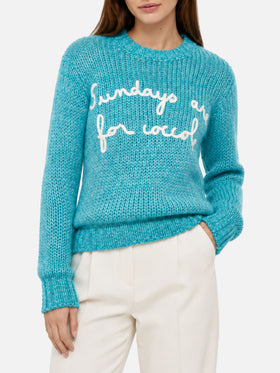 New Queen turquoise mouliné yarn crop sweater with embroidery