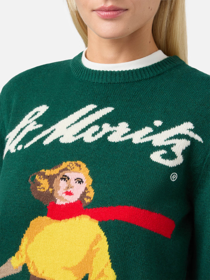 Maglione New Queen in misto cashmere verde con jacquard cartolina St. Moritz | ST. MORITZ SPECIAL EDITION