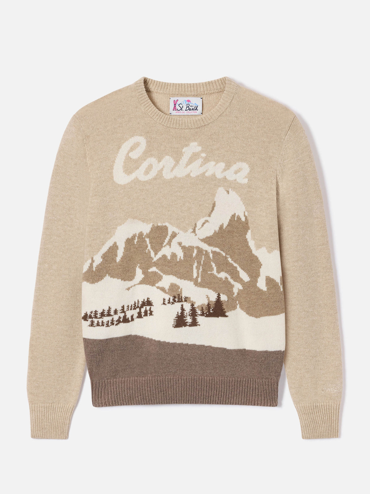 Beige New Queen crewneck knit with Cortina intarsia