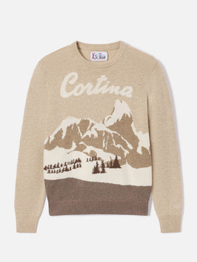 Beige New Queen crewneck knit with Cortina intarsia