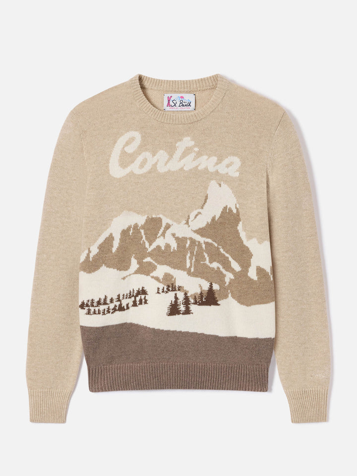 Beige New Queen crewneck knit with Cortina intarsia