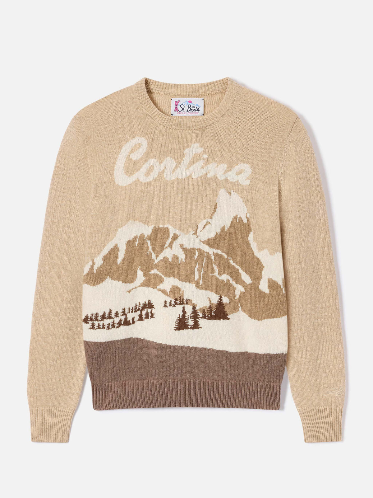 Beiger New Queen Rundhals-Strickpullover mit Cortina-Intarsie 