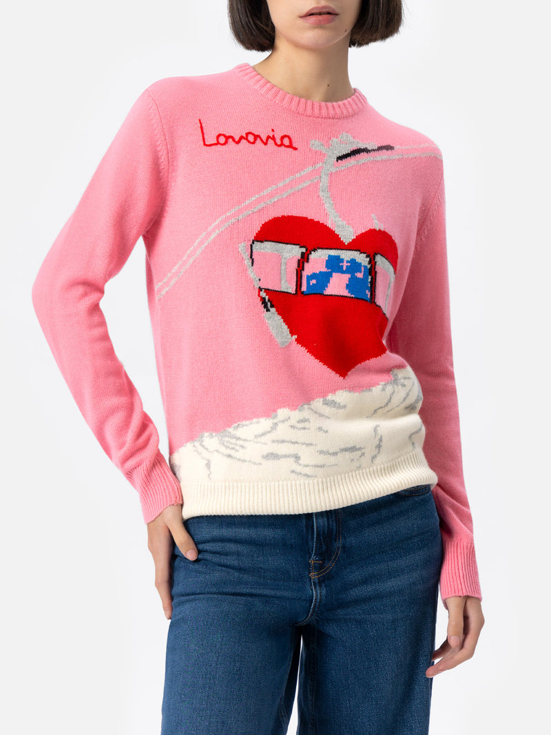 Woman cashmere blend sweater New Queen with postcard jacquard