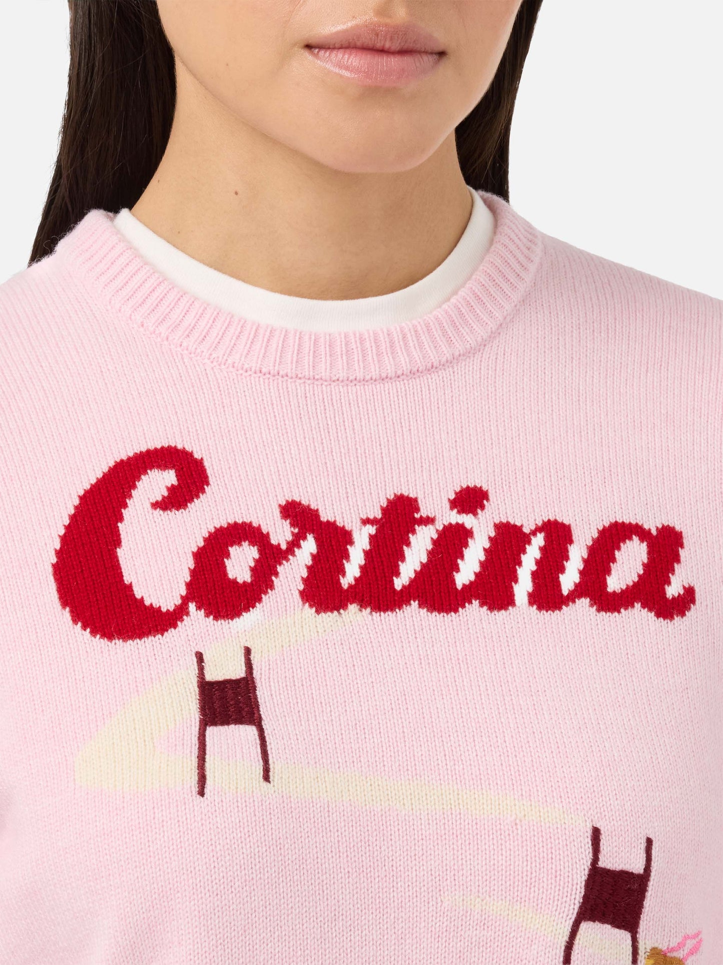 New Queen cashmere-blend sweater in pink with Cortina postcard jacquard