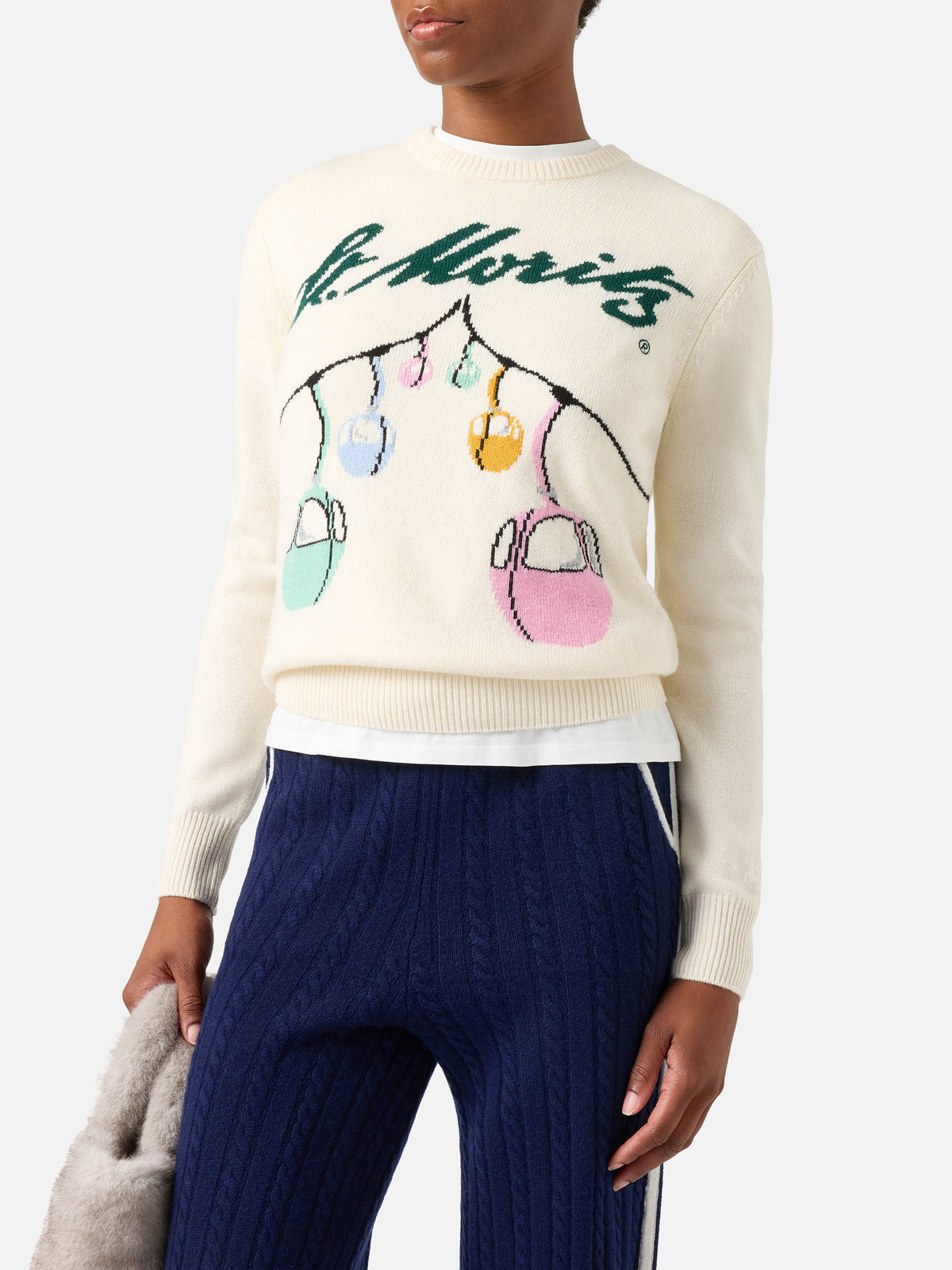 Pull en maille à col rond New Queen blanc cassé avec motif téléphérique en intarsia St. Moritz | Special edition 