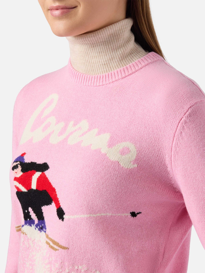 Maglione New Queen in misto cashmere rosa con jacquard cartolina Courma