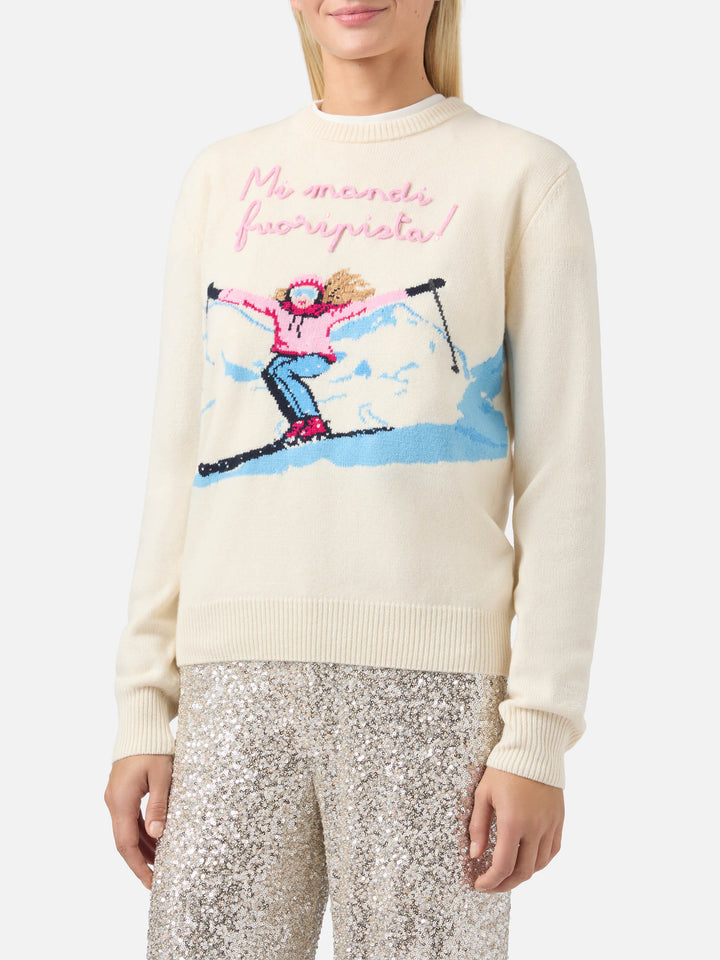 Maglione New Queen in misto cashmere bianco con jacquard cartolina e ricamo