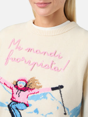 Maglione New Queen in misto cashmere bianco con jacquard cartolina e ricamo