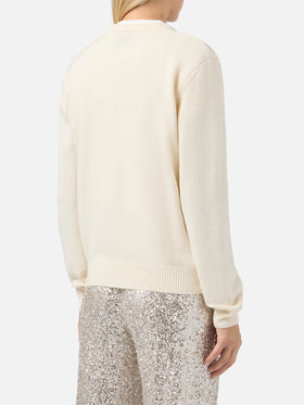 Maglione New Queen in misto cashmere bianco con jacquard cartolina e ricamo