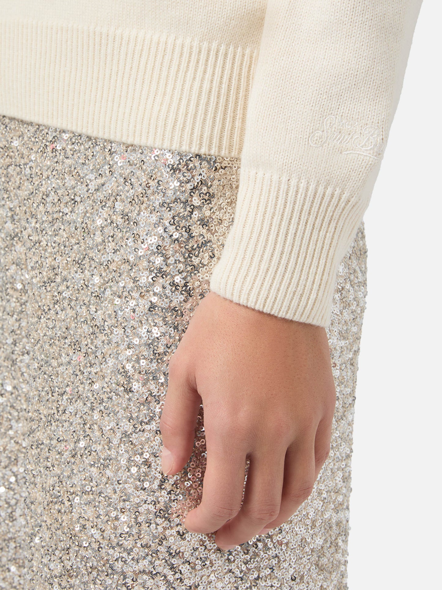 Maglione New Queen in misto cashmere bianco con jacquard cartolina e ricamo