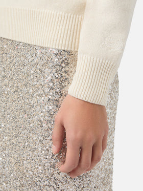 Maglione New Queen in misto cashmere bianco con jacquard cartolina e ricamo