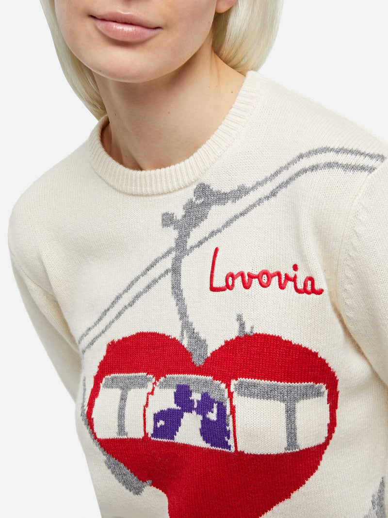 Woman white sweater New Queen with Lovovia postcard print and embroidery