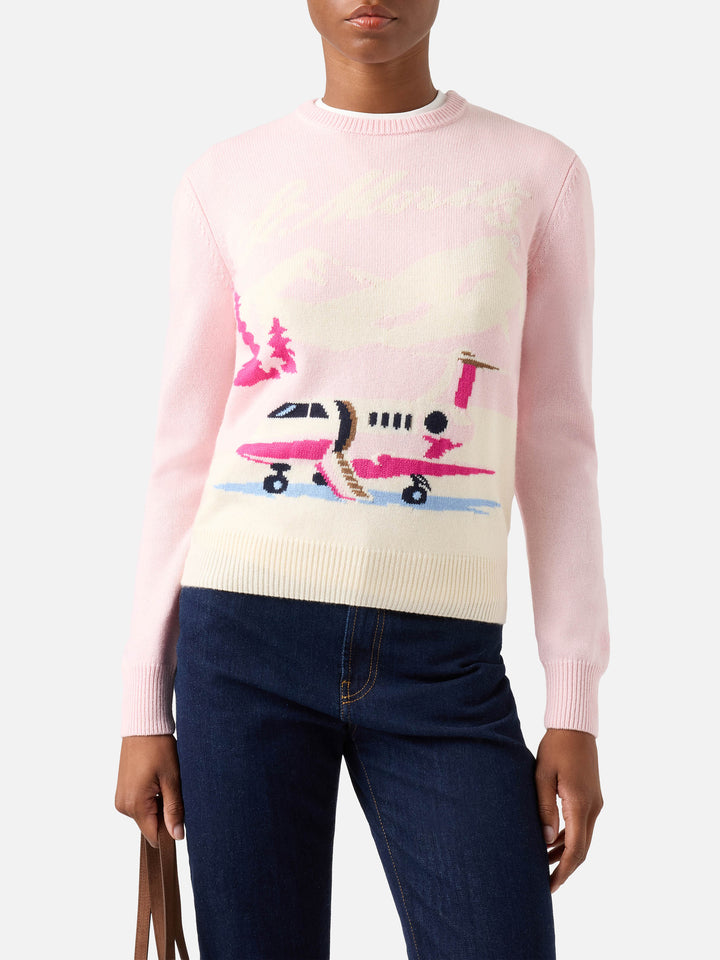 Pink New Queen crewneck knit with St. Moritz plane intarsia | Special edition