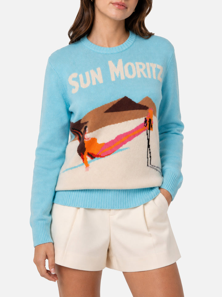 Hellblauer Pullover New Queen mit Sun Moritz Postkarten-Jacquard 