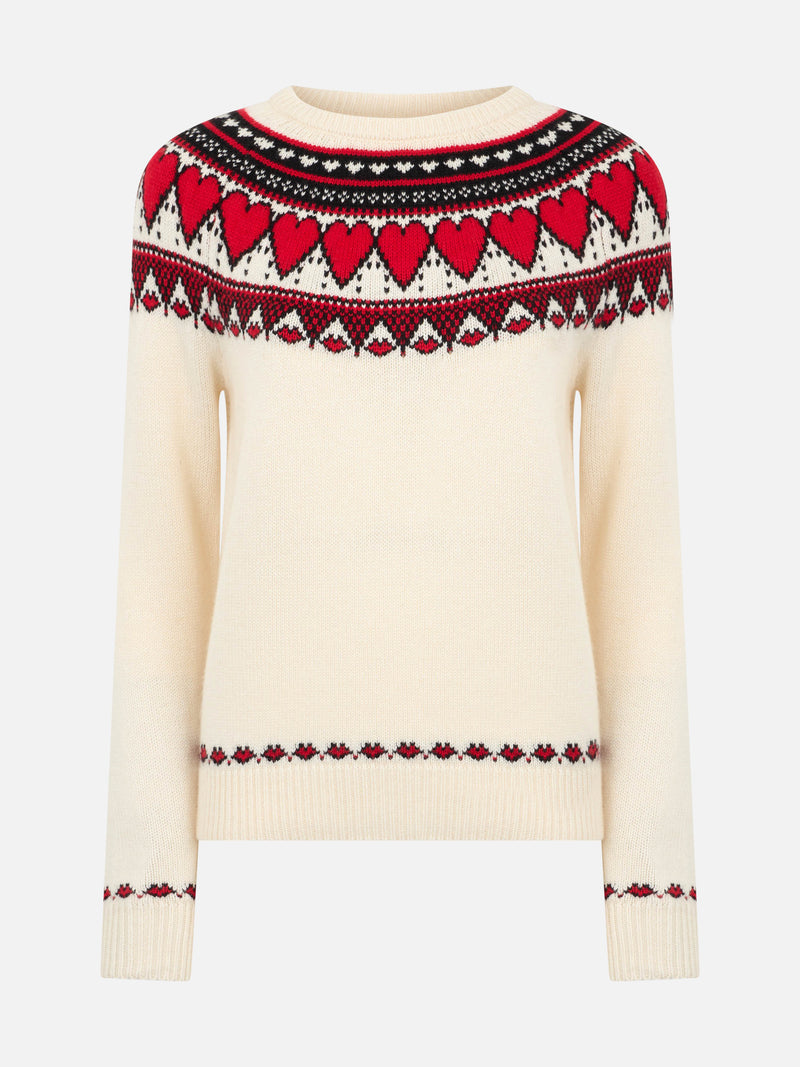 Maglione bianco da donna New Queen stampa cuori fair isle