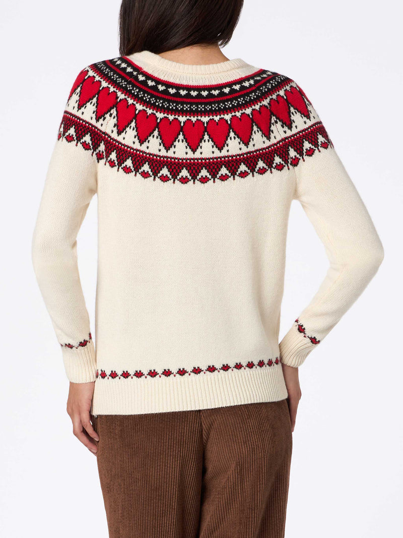 Maglione bianco da donna New Queen stampa cuori fair isle