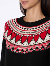 Schwarzer Damenpullover New Queen mit Fair-Isle-Herzen-Print