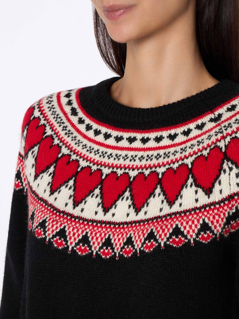 Schwarzer Damenpullover New Queen mit Fair-Isle-Herzen-Jacquard