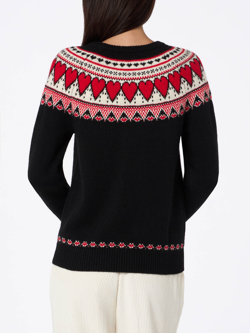 Schwarzer Damenpullover New Queen mit Fair-Isle-Herzen-Jacquard