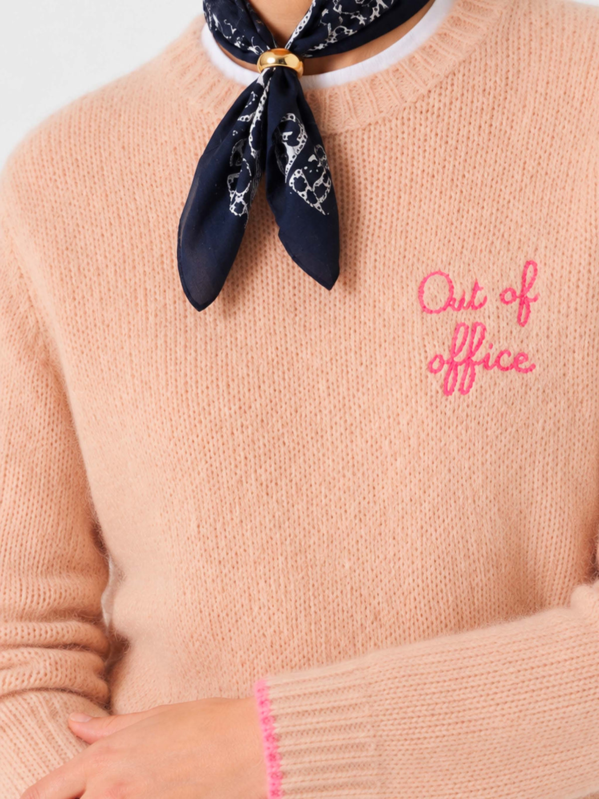 New Queen Soft beige sweater with Out of office embroidery