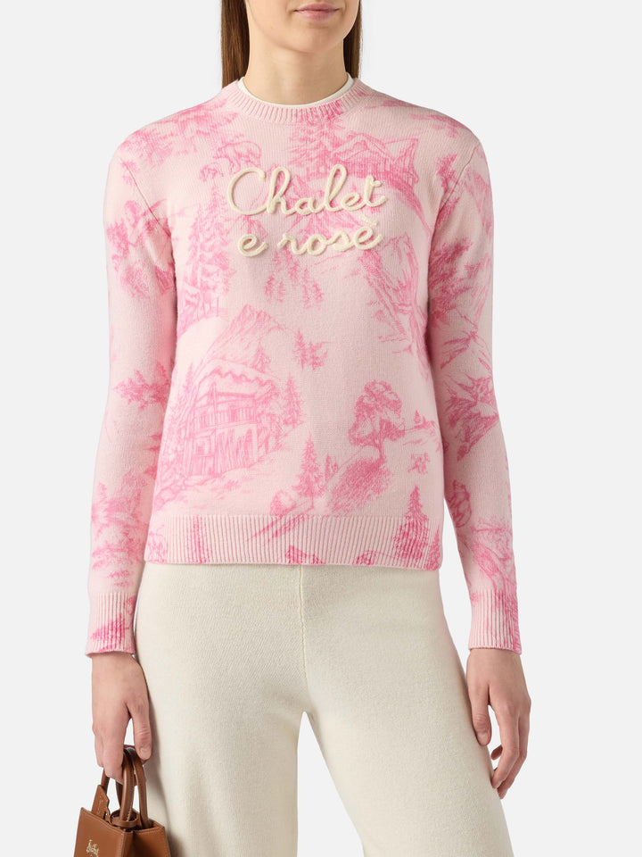 Woman pink sweater New Queen with toile de jouy print and Chalet e Rosè embroidery