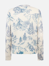 Woman white sweater New Queen with toile de jouy print and La Montagne embroidery