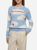 Woman crewneck soft sweater with Non ci piove embroidery