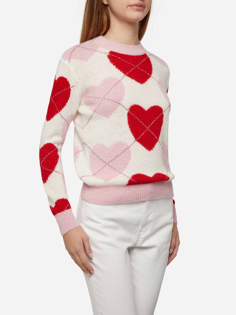 Woman crewneck soft sweater Queen Nordic Soft with heart jacquard