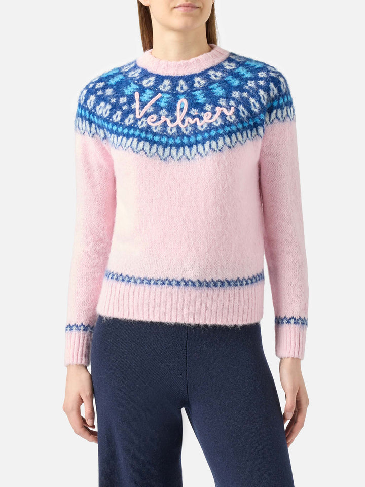 Woman pink crewneck nordic jacquard sweater