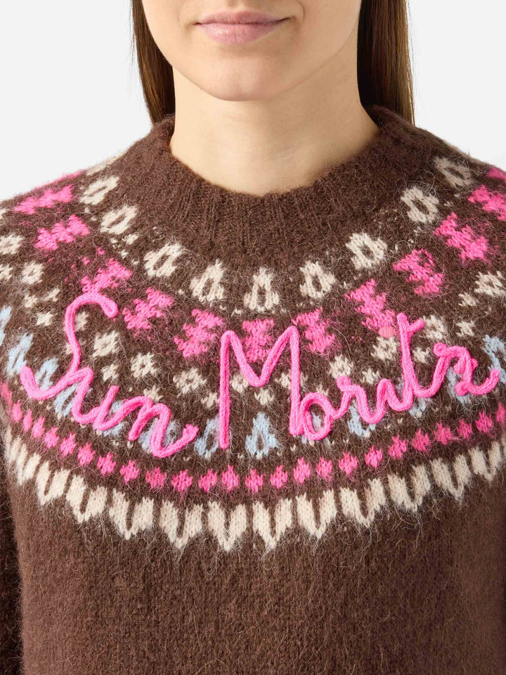 Brown sweater Queen Nordic Soft with fair isle jacquard and Sun Moritz embroidery