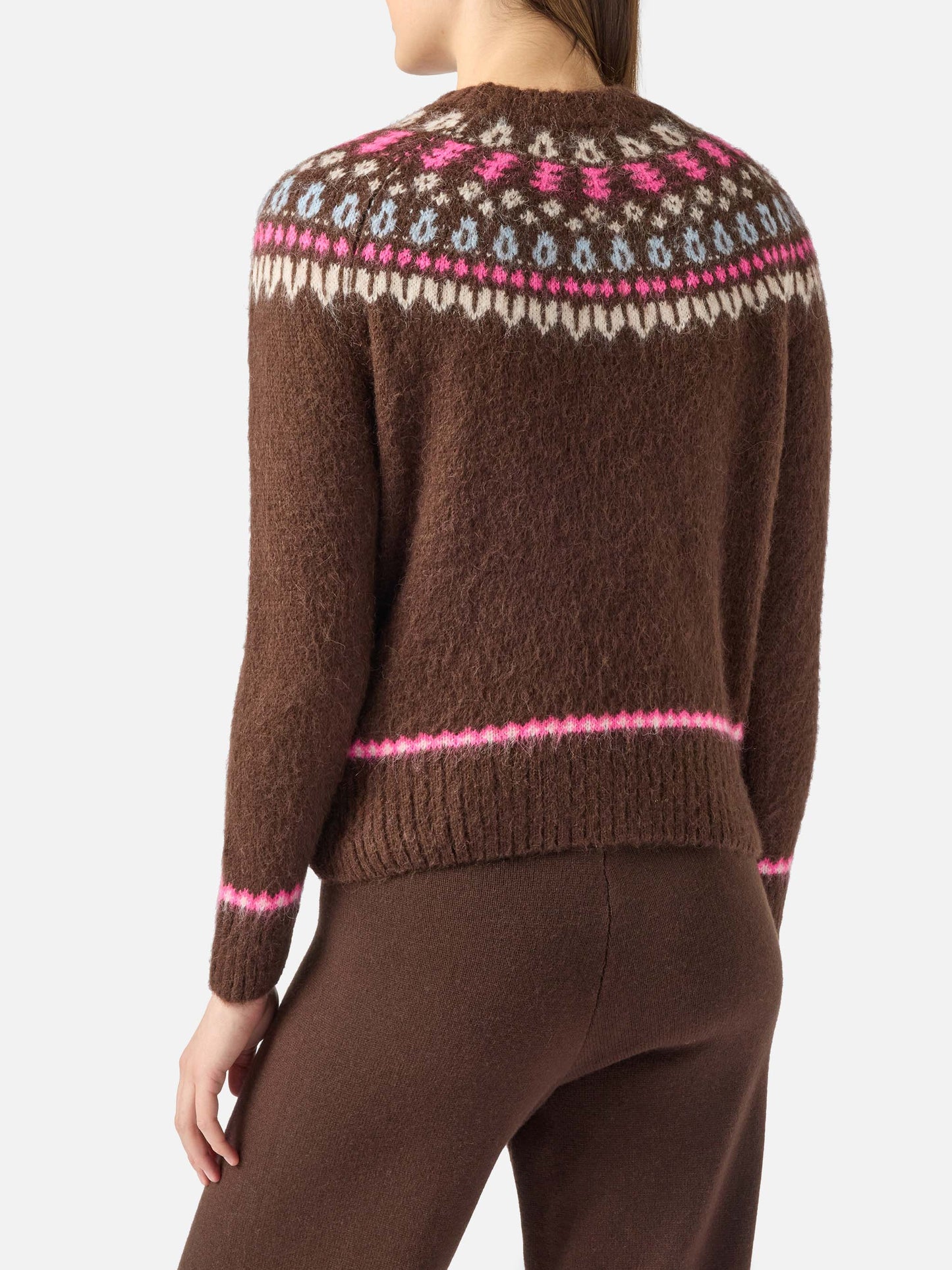Brown sweater Queen Nordic Soft with fair isle jacquard and Sun Moritz embroidery