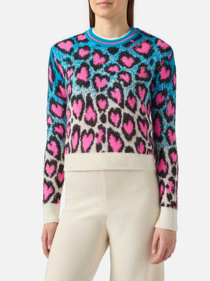 Maglione New Queen girocollo crop Leopard Hearts
