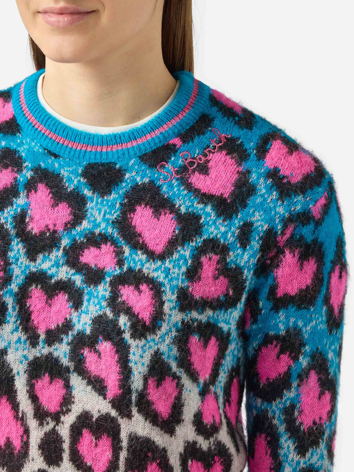 Maglione New Queen girocollo crop Leopard Hearts