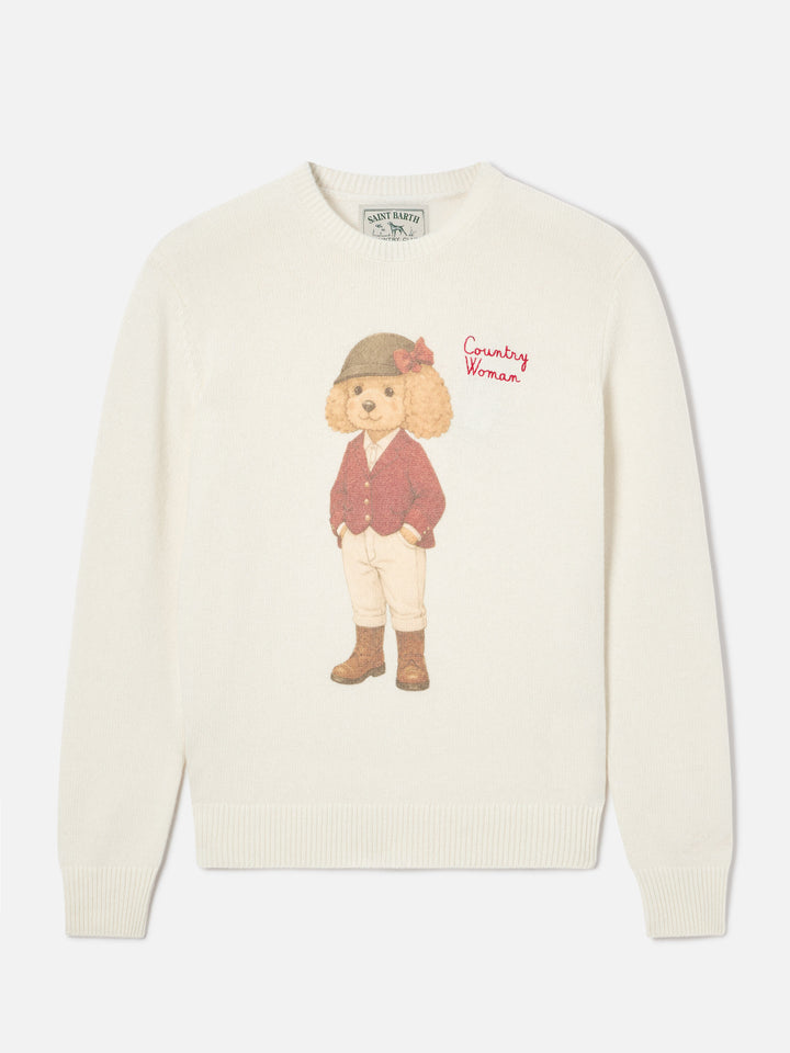 Jersey de punto con cuello redondo New Queen en blanco roto con estampado Country Woman 
