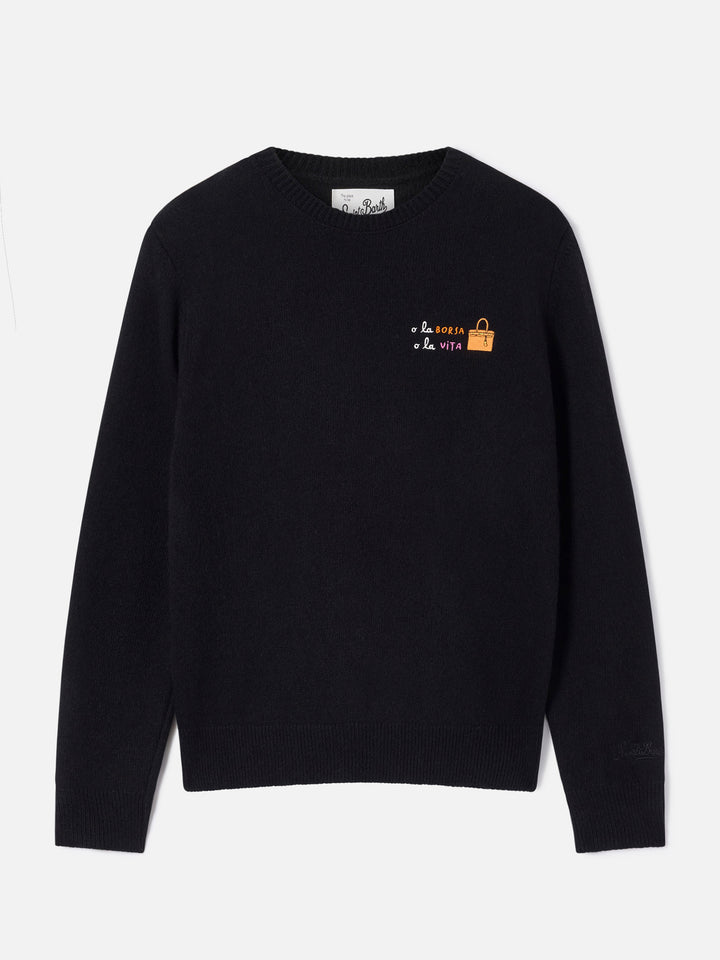 Pull noir New Queen à col rond en mélange de laine et de cachemire avec broderie O La Borsa O La Vita 